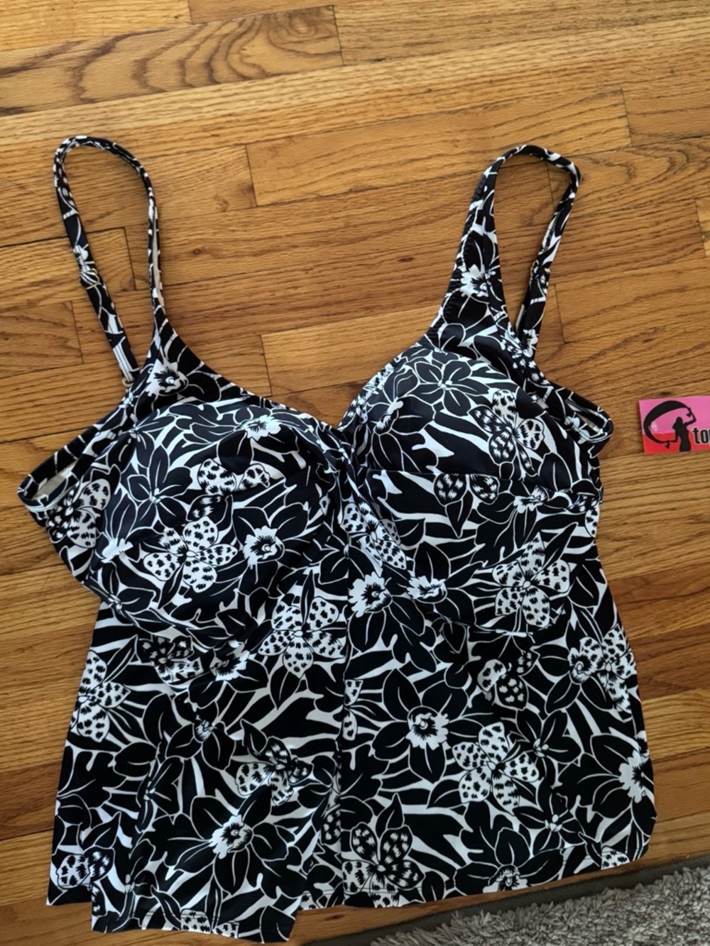 Plus Size Black & White Floral Tankini Tummy Slimmer Top